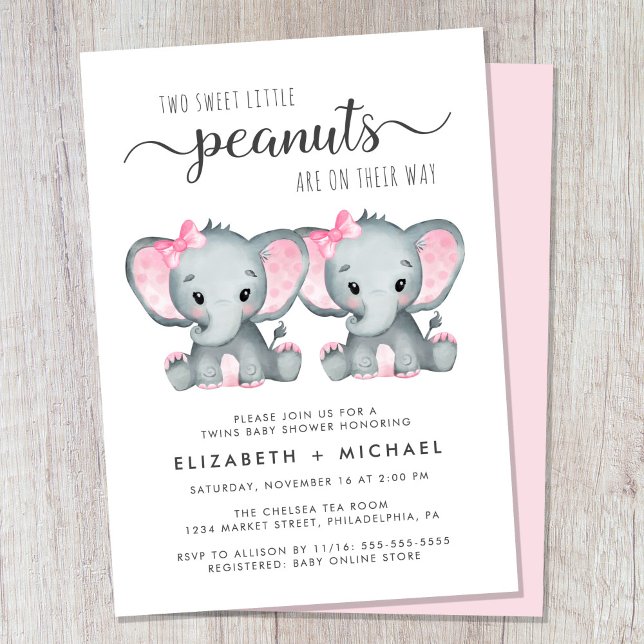 Convite Chá de fraldas de Casais Elefant Twin Girls (Cute twin girls couples baby shower invitation)