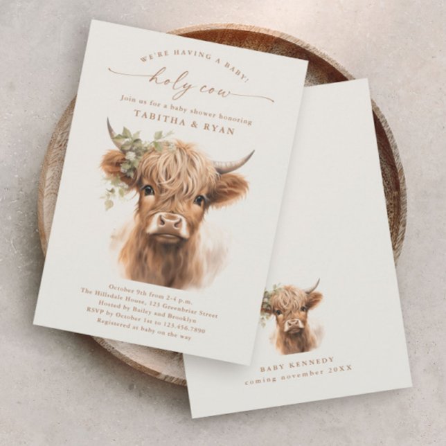 Convite Chá de fraldas de Casais Neutros de Vaca do Boho H (Boho Highland Cow Gender Neutral Couples Baby Shower Invitations.)