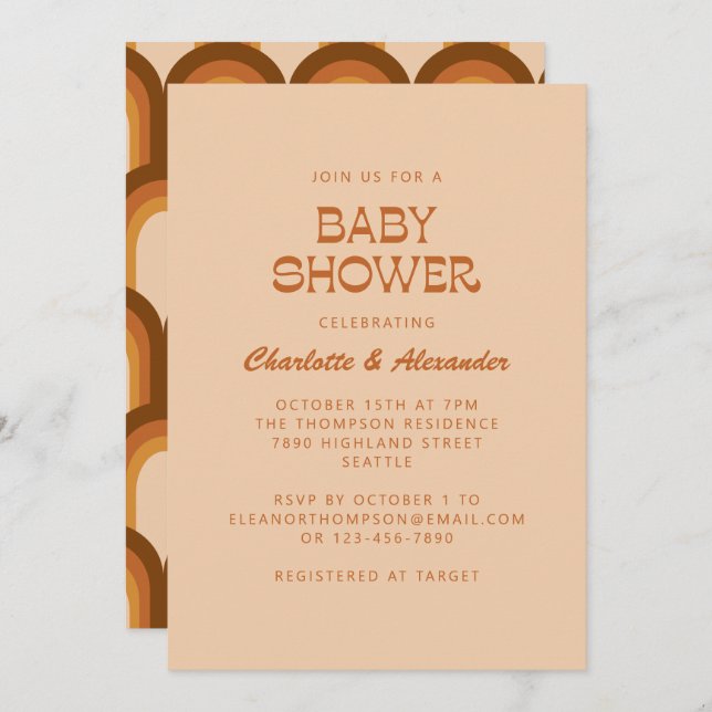 Convite Chá de fraldas de Casais Terracotta Groovy Retro 7 (Frente/Verso)