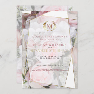 Convite Chá de fraldas de Casal de Rosas Rosa Geométricas 
