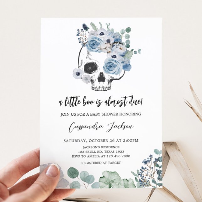 Convite Chá de fraldas de Caveira Floral Azul Gótico (Floral Skull Baby Shower Invitation)