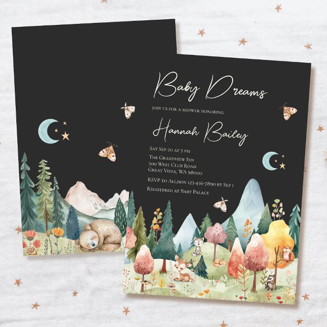 Convite Chá de fraldas de Cena Noturna de Animais da Flore (Baby shower invitation with woodland night scene and sleeping animals.)