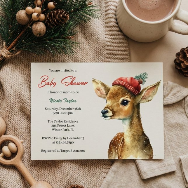 Convite Chá de fraldas de cervídeos da Floresta Cinzenta d (Woodland Deer Baby Shower Invitation – Cozy Neutral Winter Theme)