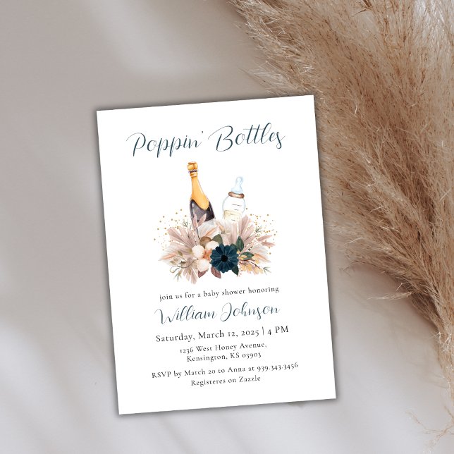 Convite Chá de fraldas de Champanhe de Boho Azul (Blue Boho Poppin Bottles Champagne Baby Shower Invitation)