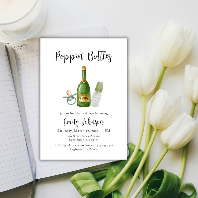 Convite Chá de fraldas de Champanhe de Frascos Verdes Sage (Sage Green Poppin Bottles Champagne Baby Shower Invitation)