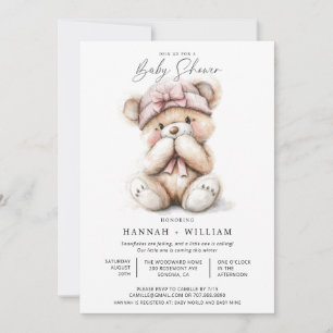 Convite Chá de fraldas de chapéu cor-de-rosa com urso de p