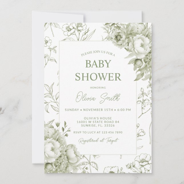 Convite Chá de fraldas de Chinoiserie Sage Green Floral (Frente)
