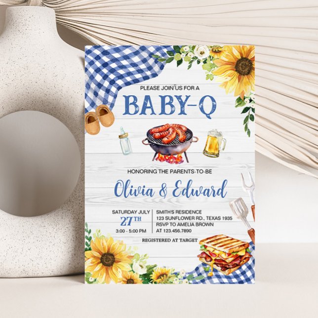 Convite Chá de fraldas de CHURRASCO de girassol azul (Boy Picnic Backyard Baby Shower Invitation)