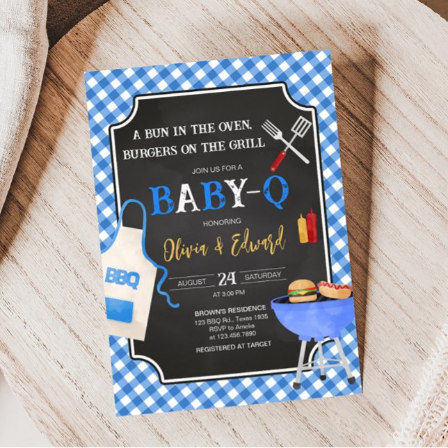 Convite Chá de fraldas de CHURRASCO Gingham Azul (Boy Baby-Q Baby Shower Invitation)