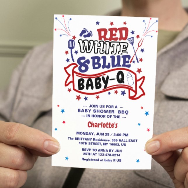 Convite Chá de fraldas de CHURRASCO Red White e Blue Baby  (BBQ BABY-Q baby shower invitation 4th of july them independence day celebration patriotic stars and )