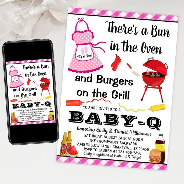 Convite Chá de fraldas de Churrasco Rosa (Girl BABY-Q baby shower invitation. Bun in the oven baby shower invitation. Print or Download.)