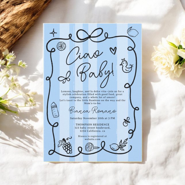 Convite Chá de fraldas de Cião com Mineração Azul (Retro Blue Stripes Italian-Themed Ciao Baby Shower Invitation)