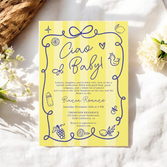 Convite Chá de fraldas de Ciao em Italiano com Stripes Ama (Yellow Stripes Italian-Themed Ciao Baby Shower Invitation)