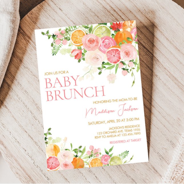 Convite Chá de fraldas de Citros de Laranja Floral Rosa (Girl Lemon Baby Shower Invitation)