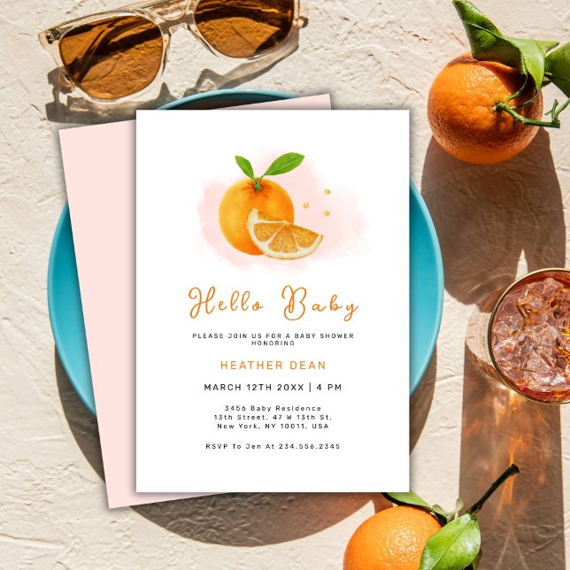 Convite Chá de fraldas de Citros de Laranja Mínimo (Minimalist Sweet Orange Citrus Baby Shower Invitation)