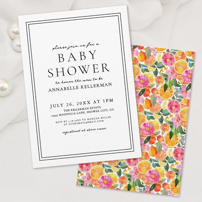 Convite Chá de fraldas de Citros Floral Elegante (Elegant Floral Citrus Baby Shower Invitation)