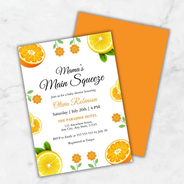 Convite Chá de fraldas de Citros Laranja de Compressão Pri (Mama's Main Squeeze Orange Citrus Baby Shower Invitation )