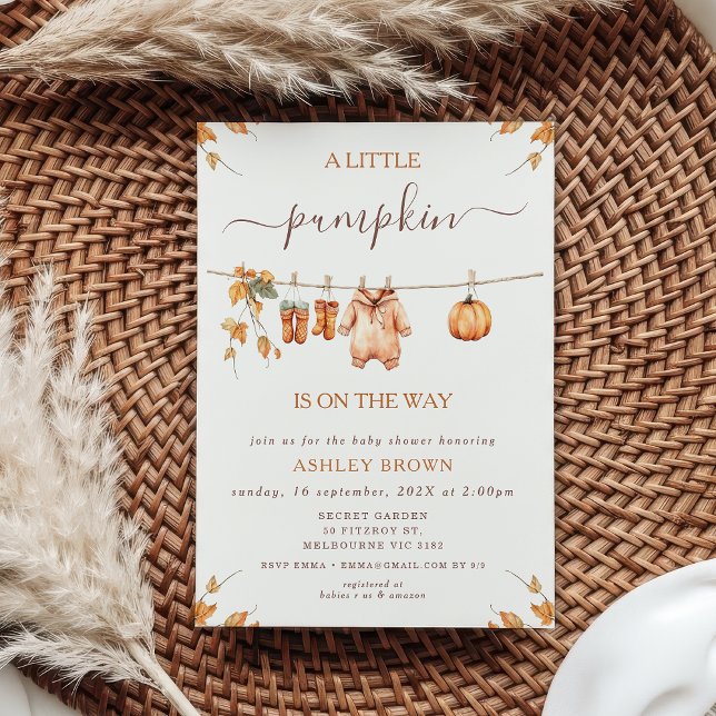 Convite Chá de fraldas de Clotheline Rustic Orange Fall Fo (Fall Little Pumpkin Baby Shower Invitation Template, Clothesline Baby Shower Invitation Fall Autumn)