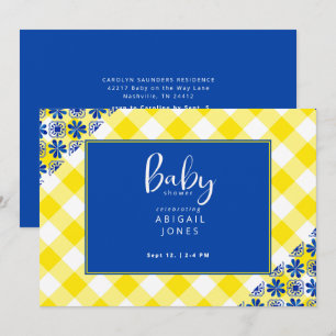Convite Chá de fraldas de cobalto azul e amarelo Gingham