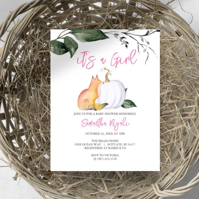 Convite Chá de fraldas de Cobra de Madeira (Autumn-themed baby shower invites woodland fox and white pumpkin girl Design by Victoria Grigaliunas)