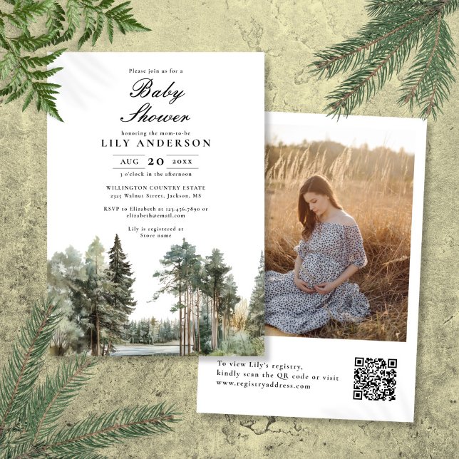 Convite Chá de fraldas de Código QR de Foto da Floresta do (Watercolor Lake Forest Photo QR Code Baby Shower Invitation)