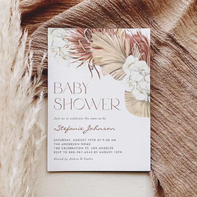 Convite Chá de fraldas de Código QR de Palma Seca de Boho  (This QR code baby shower invitation features watercolor white orchids, pampas grass, and dried palm.)