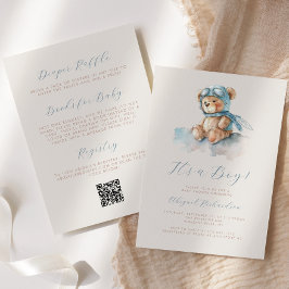 Convite Chá de fraldas de Código QR do Urso de Urso Azul