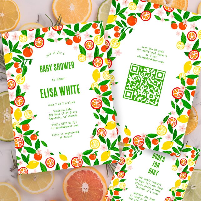 Convite Chá de fraldas de Código QR PERSONALIZADO de Celeb (Citrus Celebration CUSTOM QR Code BABY SHOWER Invitation
Summer Lemons Oranges Fruits)
