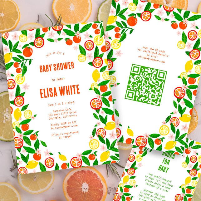 Convite Chá de fraldas de Código QR PERSONALIZADO de Celeb (Citrus Celebration CUSTOM QR Code BABY SHOWER Invitation
Oranges Lemons Colorful Cute)