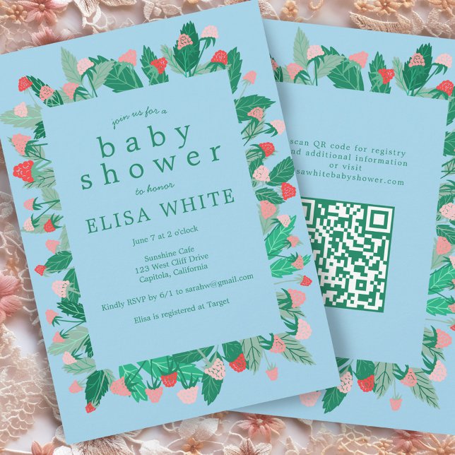 Convite Chá de fraldas de Código QR PERSONALIZADO de Corda (Raspberry Patch Cute CUSTOM QR Code BABY SHOWER Invitation
)