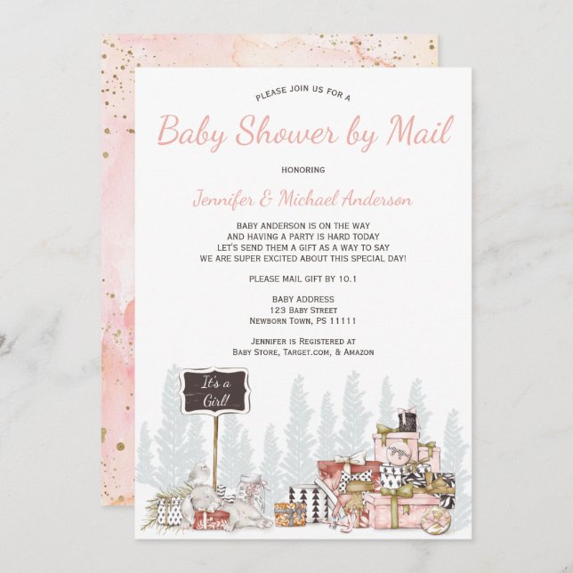 Convite Chá de fraldas De Coelhinho Rosa Da Floresta De In (Frente/Verso)