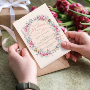 Convite Chá de fraldas de coelhinhos cor-de-rosa-rosa