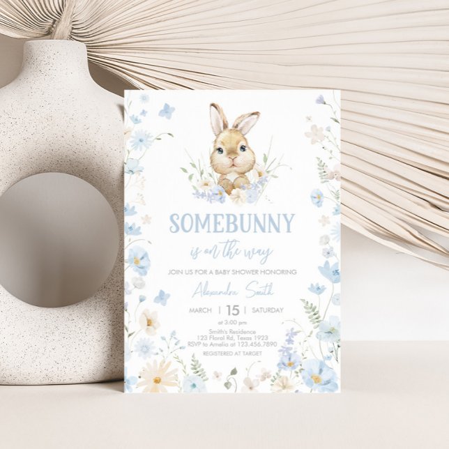 Convite Chá de fraldas De Coelho Azul (Blue Somebunny Rabbit Baby Shower Invitation)