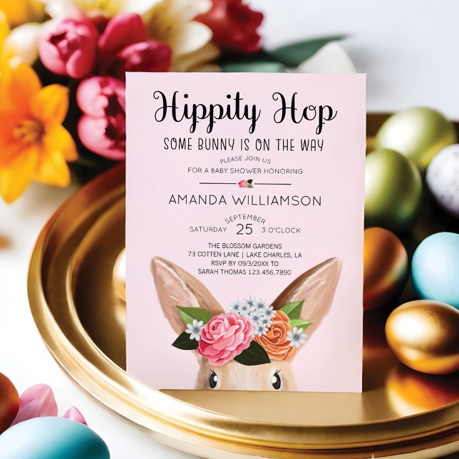 Convite Chá de fraldas de coelho flexível com Páscoa de Hi (Hippity Hop Easter Floral Bunny Rabbit Baby Shower Invitation)