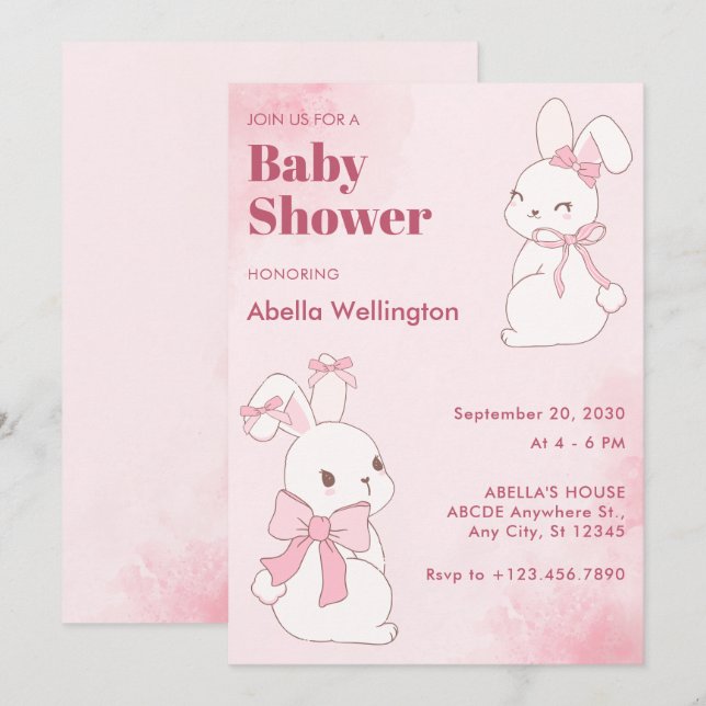 Convite Chá de fraldas de coelho rosa e bonito (Frente/Verso)