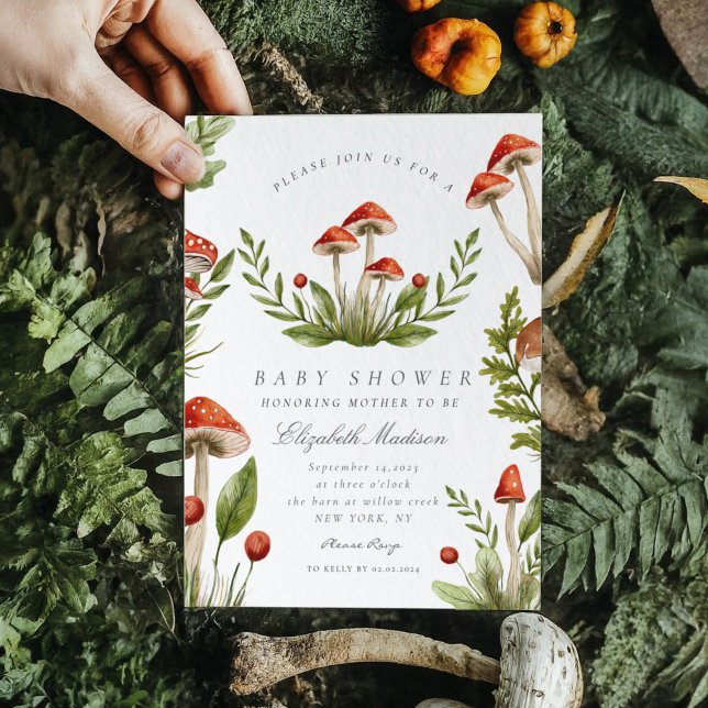 Convite Chá de fraldas De Cogumelo De Aquarelas Da Madeira (Criador carregado)