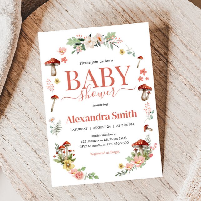 Convite Chá de fraldas de Cogumelo de Flor Selvagem Encant (Enchanted Mushroom Baby Shower Invitation )