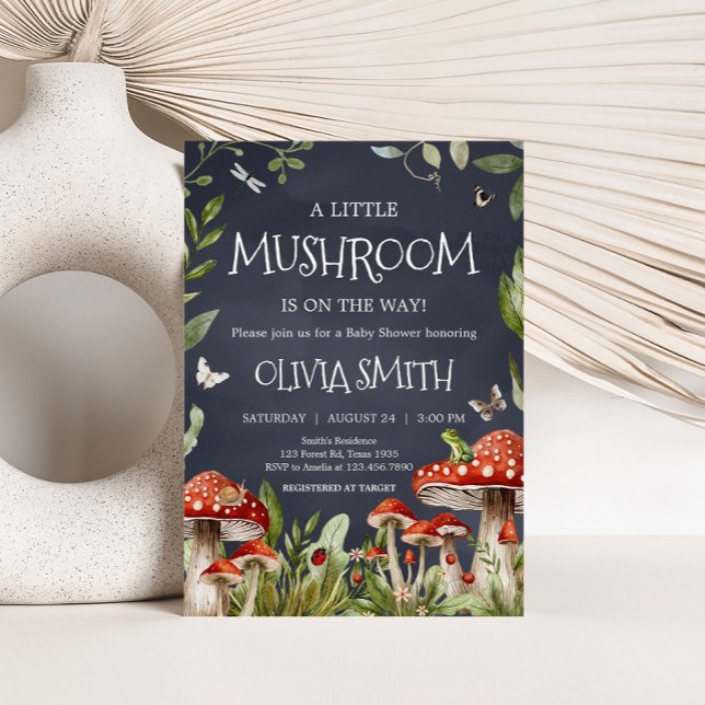 Convite Chá de fraldas de Cogumelo Florestal Encantado Whi (Rustic Mushroom Baby Shower Invitation)