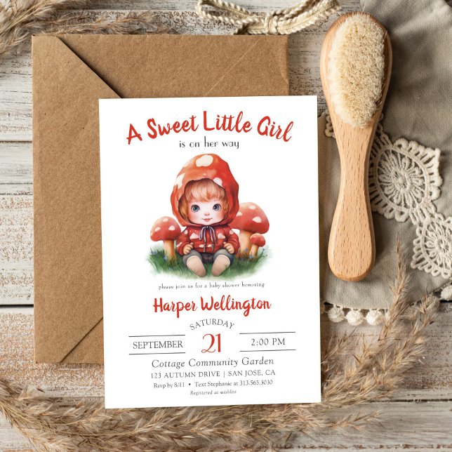 Convite Chá de fraldas de Cogumelo Vermelho da Menina Doce (Sweet Little Girl Red Mushroom Baby Shower Invitation)