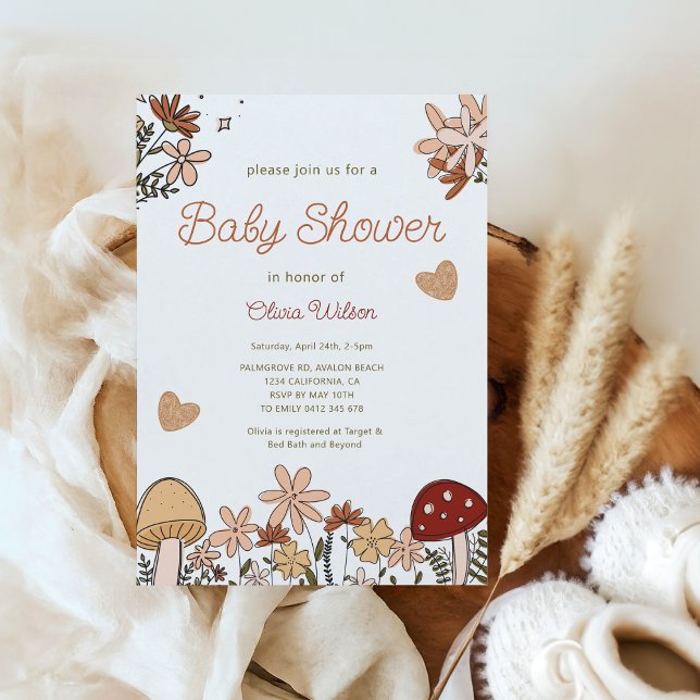 Convite Chá de fraldas de cogumelos (Whimsical Rustic cottagecore Wildflowers Mushroom Baby Shower invitation)