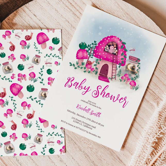Convite Chá de fraldas de cogumelos de fada, de madeira br (Pink whimsical woodland fairy mushroom baby shower invitation)
