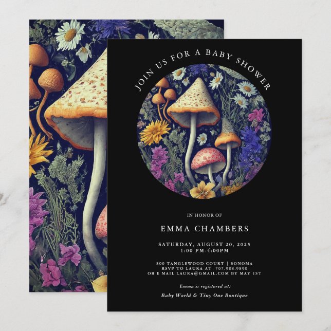 Convite Chá de fraldas De Cogumelos De Madeira Cantada (Frente/Verso)