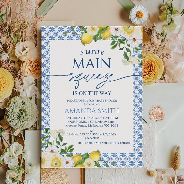 Convite Chá de fraldas de compressão principal amarelo azu (Lemon Baby Shower Invitation Template, Main Squeeze Baby Shower Invitation Yellow Floral Blue Tiles)
