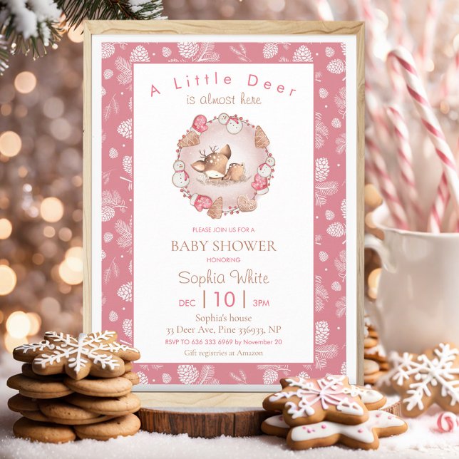 Convite Chá de fraldas de Cone de Pinheiro Rosa de inverno (Christmas Winter Pink Deer Pine Cone Baby Shower Invitation)