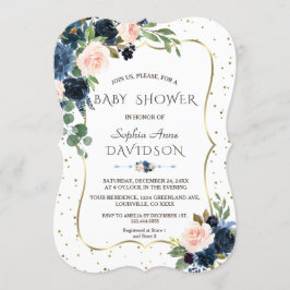 Convite Chá de fraldas de Confetti Dourado Floral Azul Ros