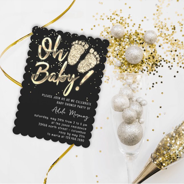 Convite Chá de fraldas de Confetti Dourado - Traço preto b (Gold Confetti Feet Baby Shower Script Black White Invitation)