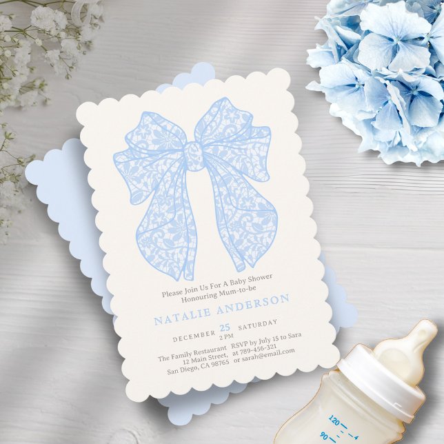 Convite Chá de fraldas de coquete azul de rendas herbáceo  (Elegant Pastel Baby Blue Lace Coquette Baby Shower Invitation)