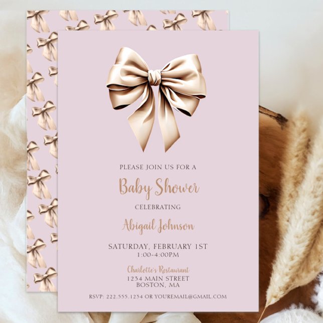 Convite Chá de fraldas de coquete bege elegante (Elegant Beige Coquette Bow Baby Shower Invitation, Baby Girl Shower, Modern Script, Classic Chic)