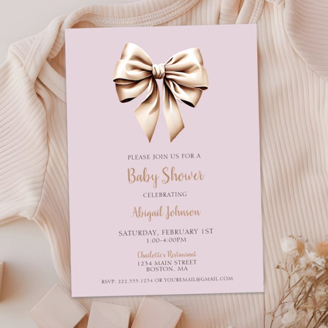 Convite Chá de fraldas de coquete bege elegante (Elegant Beige Coquette Bow Baby Shower Invitation, Baby Girl Shower, Modern Script, Classic Chic)