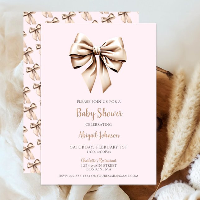 Convite Chá de fraldas de coquete bege rosa elegante (Chic Blush Pink Beige Coquette Bow Baby Shower Invitation, Modern Script, Classic Baby Girl Shower)